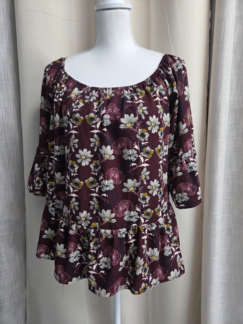 Alya Burgundy Floral Peasant Top Bell Sleeves Size M